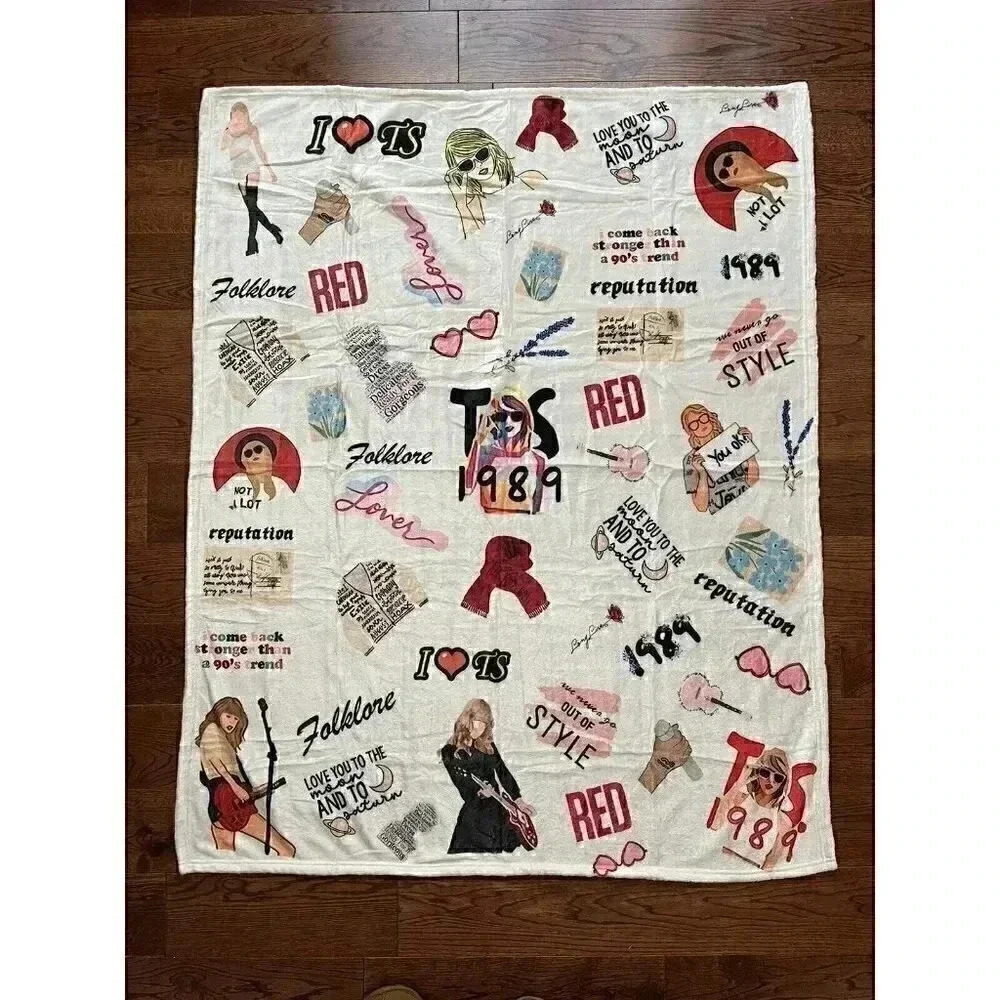 TAYLOR SWIFT White Printed Soft Fleece Throw Lap Blanket Rectangle 50” X 40”